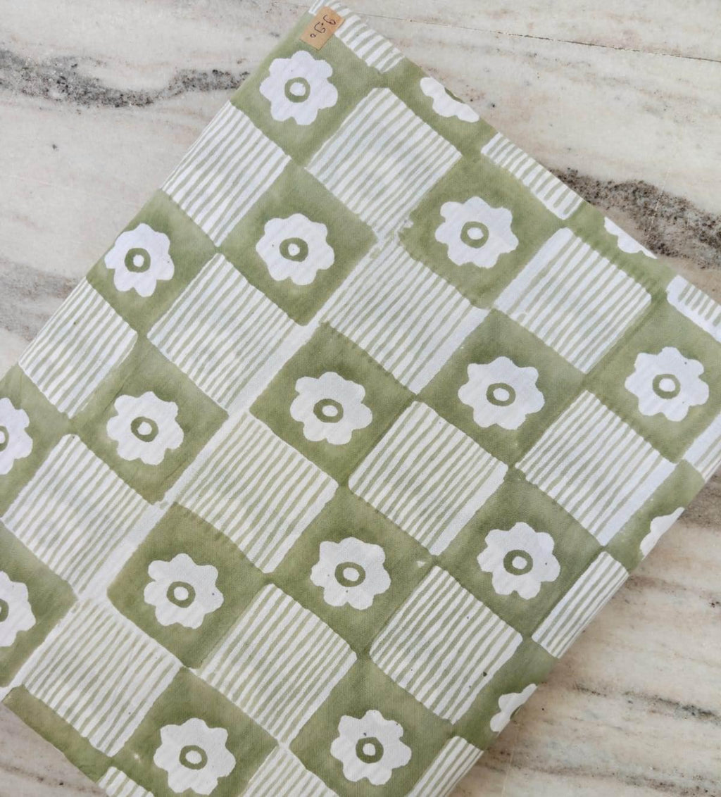 Sage Green Floral Cotton Fabric, Checkerboard Flower Print Fabric by Yard, Block Print Cotton Fabric, Quilting Sewing Craft Fabric, Napkins