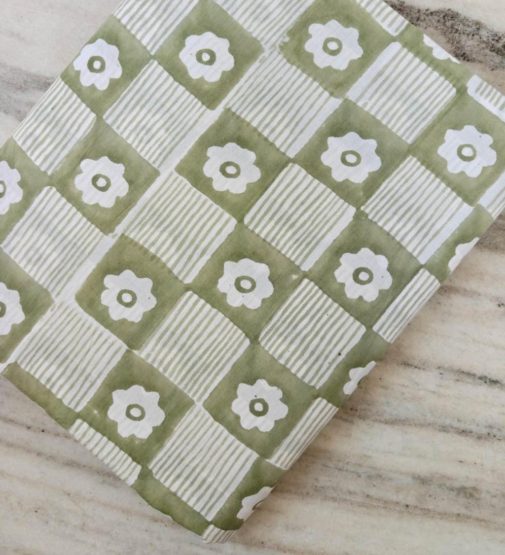Sage Green Floral Cotton Fabric, Checkerboard Flower Print Fabric by Yard, Block Print Cotton Fabric, Quilting Sewing Craft Fabric, Napkins