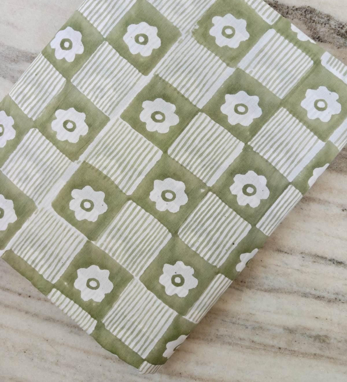 Sage Green Floral Cotton Fabric, Checkerboard Flower Print Fabric by Yard, Block Print Cotton Fabric, Quilting Sewing Craft Fabric, Napkins