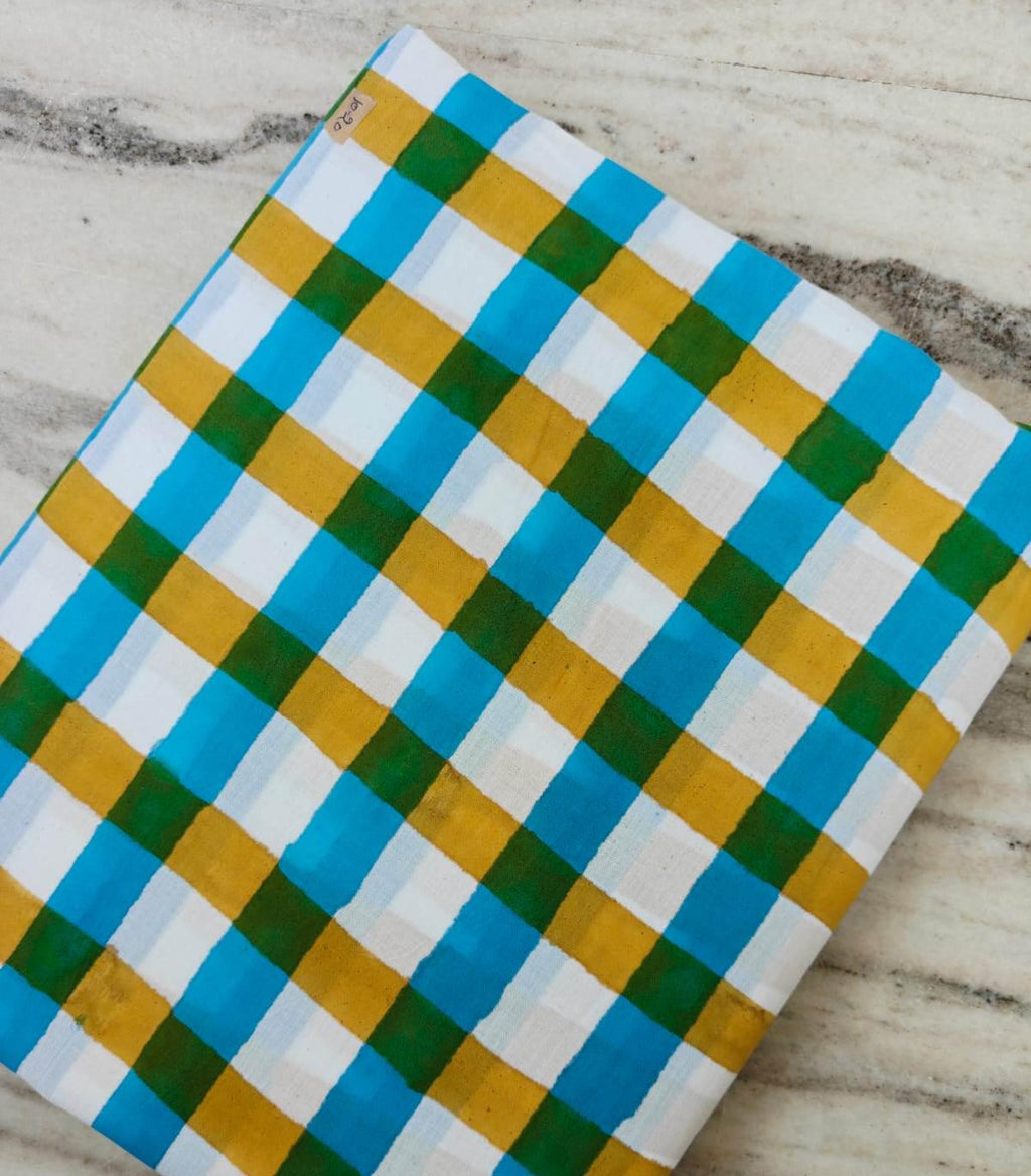 Soft Multi Color Indian Hand Block Print Fabric, Floral 100% Cotton Fabric By The Yard, Dressmaking Fabric, Blue Green Yellow Check Fabric