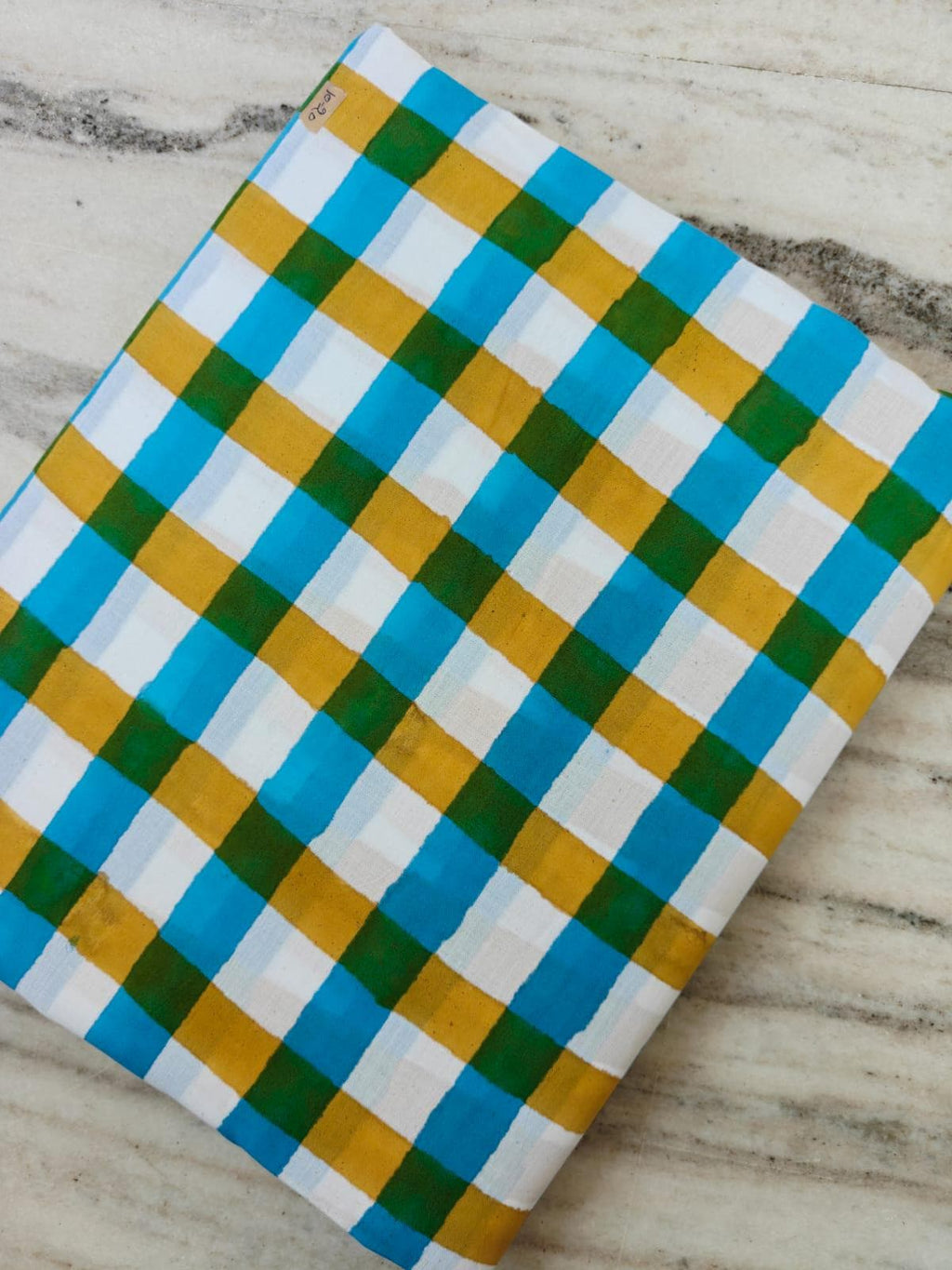 Soft Multi Color Indian Hand Block Print Fabric, Floral 100% Cotton Fabric By The Yard, Dressmaking Fabric, Blue Green Yellow Check Fabric