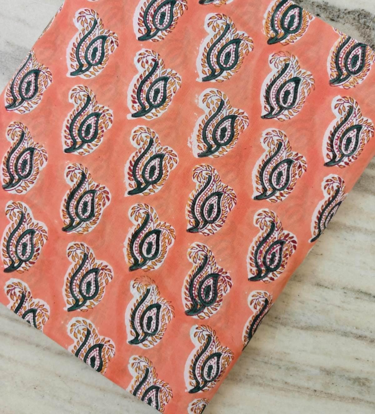 Paisley Cotton Fabric by the Yard, Peach Block Print Fabric, Indian Paisley Cotton Material, Boho Quilting Sewing Craft Fabric, Napkins