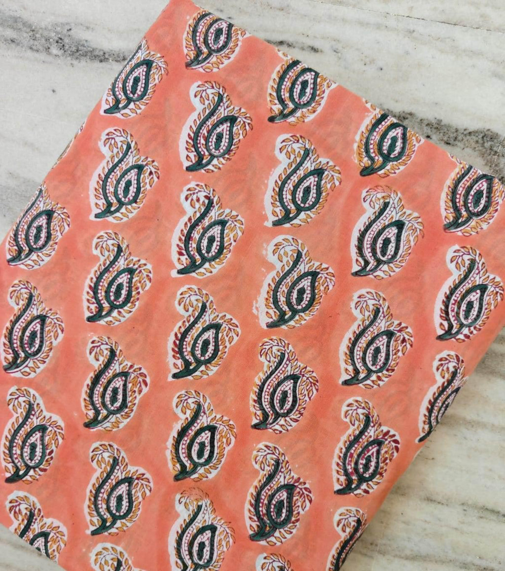 Paisley Cotton Fabric by the Yard, Peach Block Print Fabric, Indian Paisley Cotton Material, Boho Quilting Sewing Craft Fabric, Napkins