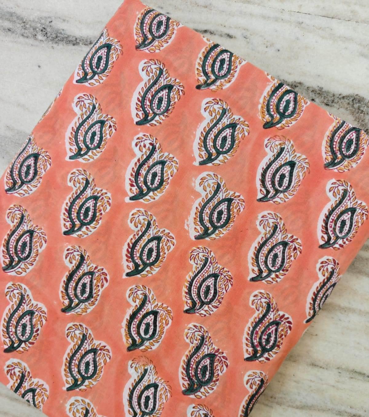 Paisley Cotton Fabric by the Yard, Peach Block Print Fabric, Indian Paisley Cotton Material, Boho Quilting Sewing Craft Fabric, Napkins