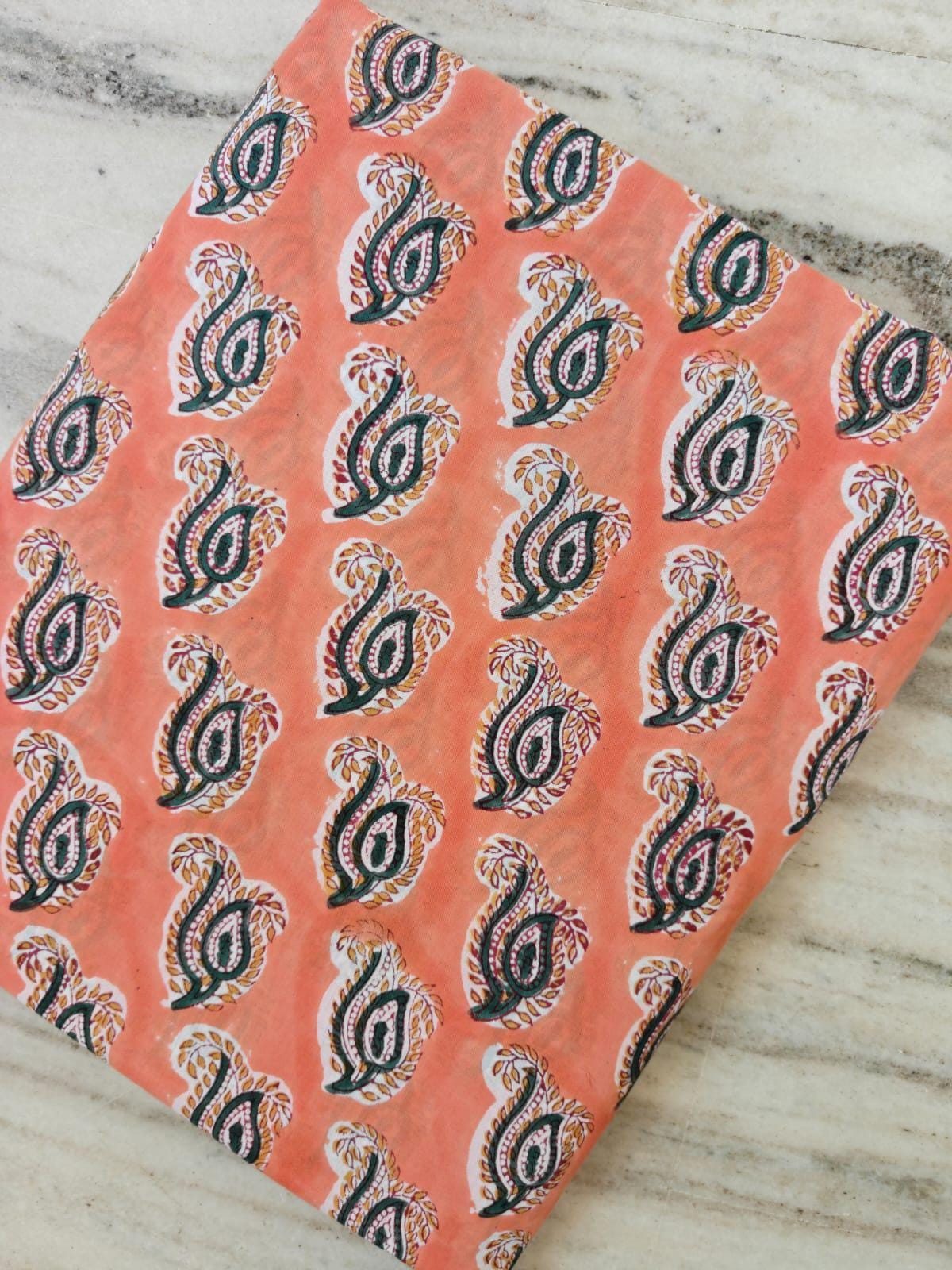 Paisley Cotton Fabric by the Yard, Peach Block Print Fabric, Indian Paisley Cotton Material, Boho Quilting Sewing Craft Fabric, Napkins