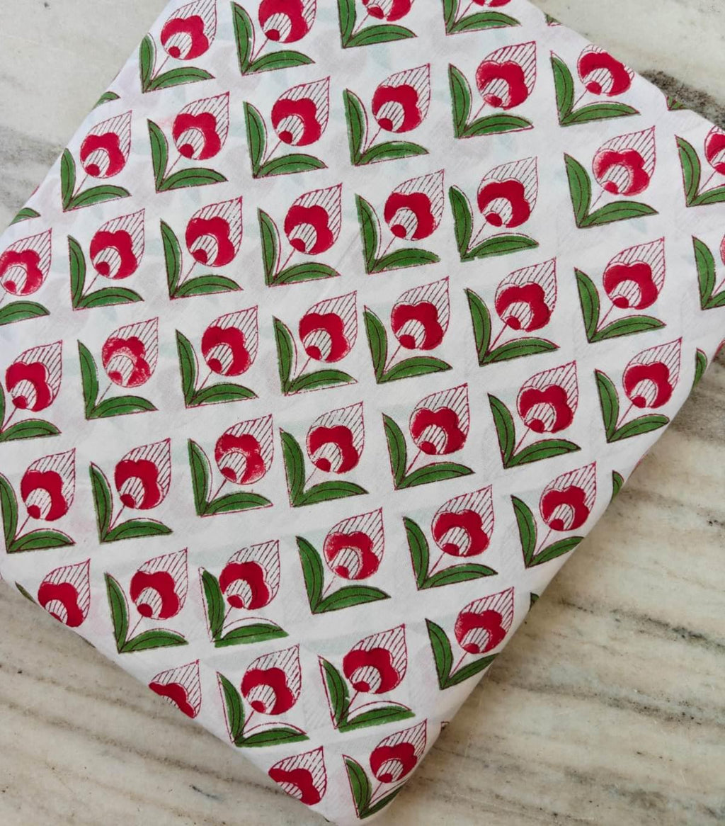 Red Floral Block Print Cotton Fabric by Yard, Indian Hand Block Print Fabric, White Cotton Fabric, Dressmaking Fabric, Quilting Fabric