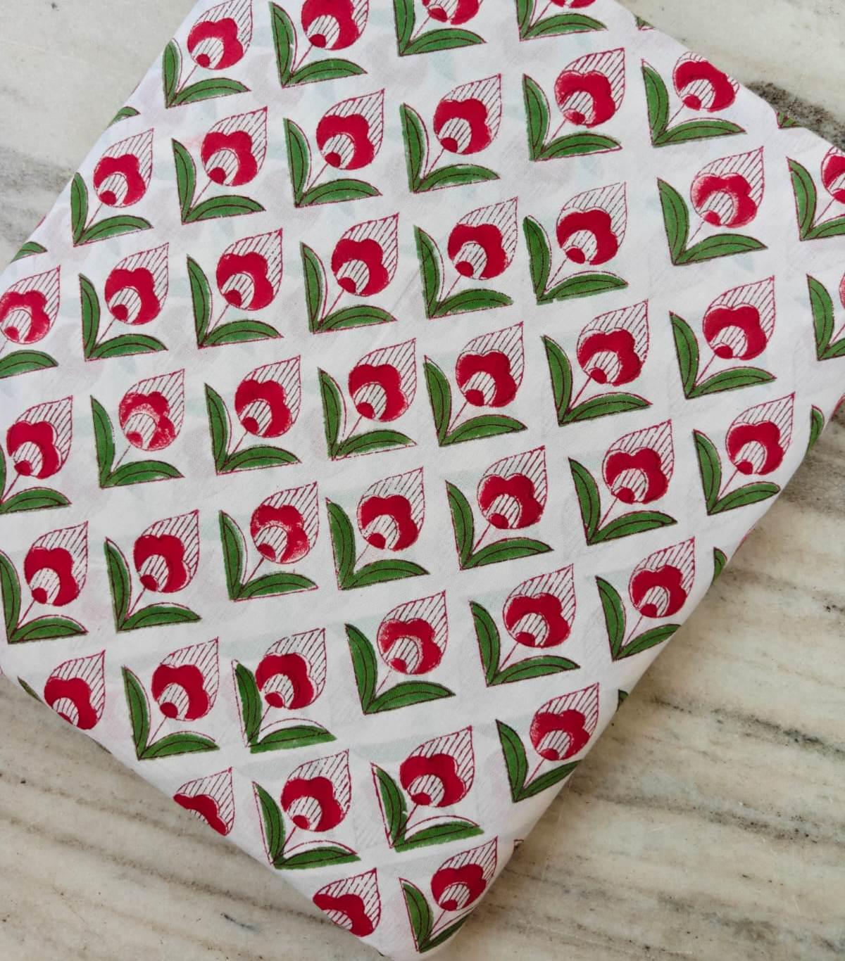 Red Floral Block Print Cotton Fabric by Yard, Indian Hand Block Print Fabric, White Cotton Fabric, Dressmaking Fabric, Quilting Fabric