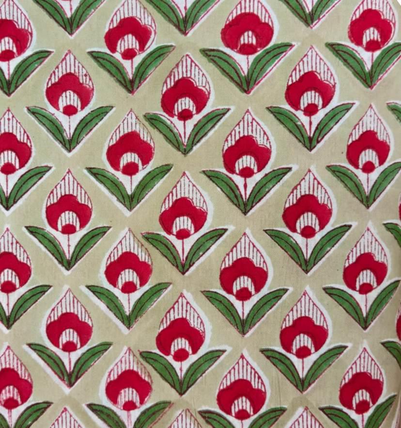 Beige Floral Block Print Cotton Fabric by Yard, Indian Hand Block Print Fabric, Soft Cotton Fabric for Sewing, Quilting & Dressmaking