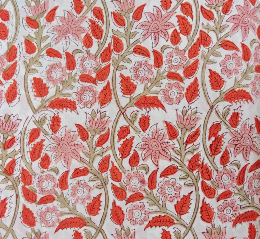 Pink Orange Floral Cotton Fabric by Yard, Indian Hand Block Print Fabric, Soft Cotton Sewing Fabric, Botanical Quilting Fabric, Table Cover