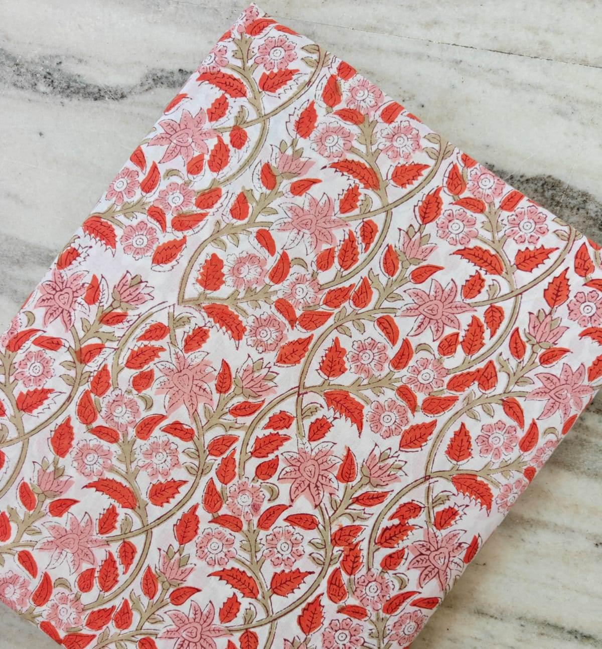 Pink Orange Floral Cotton Fabric by Yard, Indian Hand Block Print Fabric, Soft Cotton Sewing Fabric, Botanical Quilting Fabric, Table Cover
