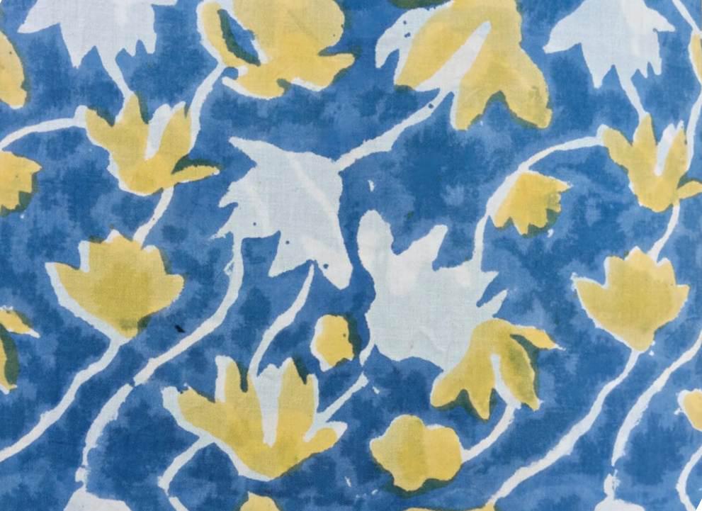 Blue Yellow Floral Cotton Fabric, Hand Block Print Fabric by Yard, Indian Cotton Fabric for Sewing Quilting Dressmaking Upholstery Fabric