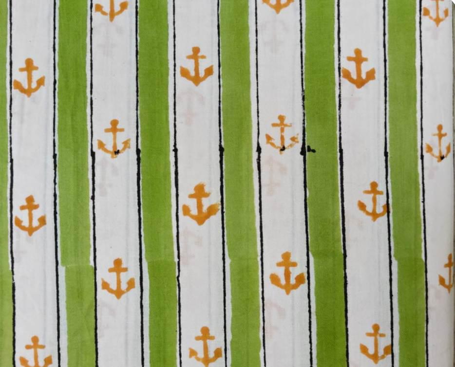 Nautical Anchor Cotton Fabric, Green Stripe Hand Block Print Fabric by Yard, Marine Theme Indian Cotton Fabric Sewing Quilting Beach Decor