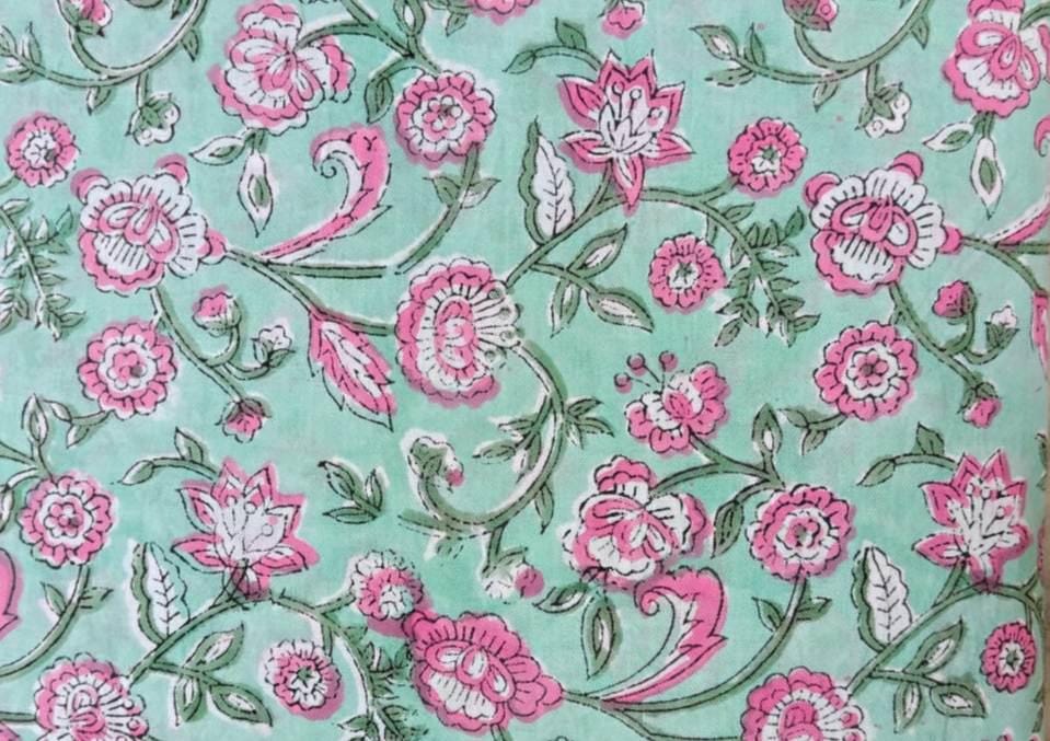 Mint Green Floral Cotton Fabric by the Yard, Hand Block Print Fabric, Pink Flower Indian Cotton Textile, Quilting Sewing Fabric, Home Decor