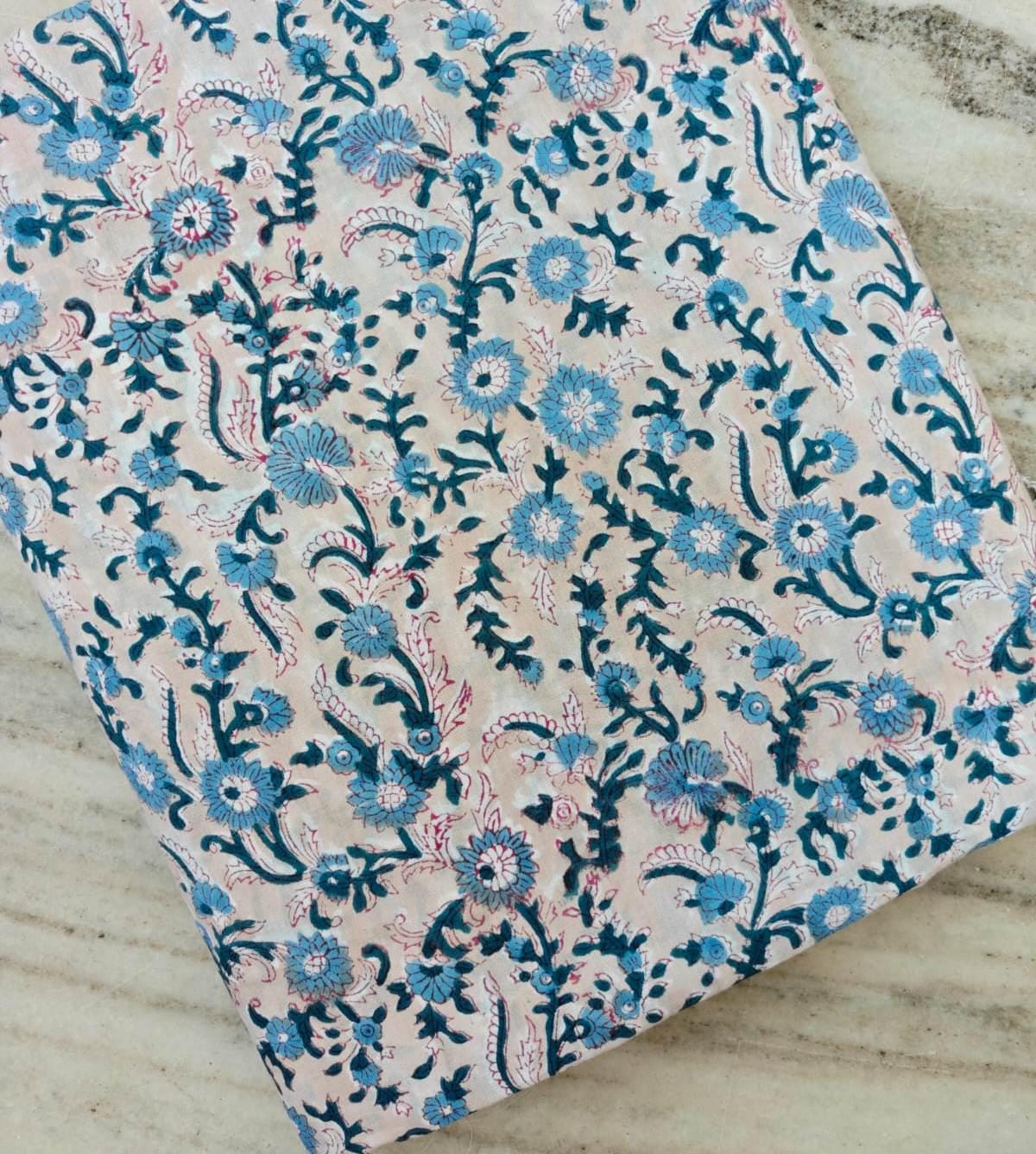 Blue Floral Cotton Fabric by Yard, Indian Hand Block Print Fabric, Soft Lightweight Cotton for Sewing Quilting Dress Making Fabric, Napkins