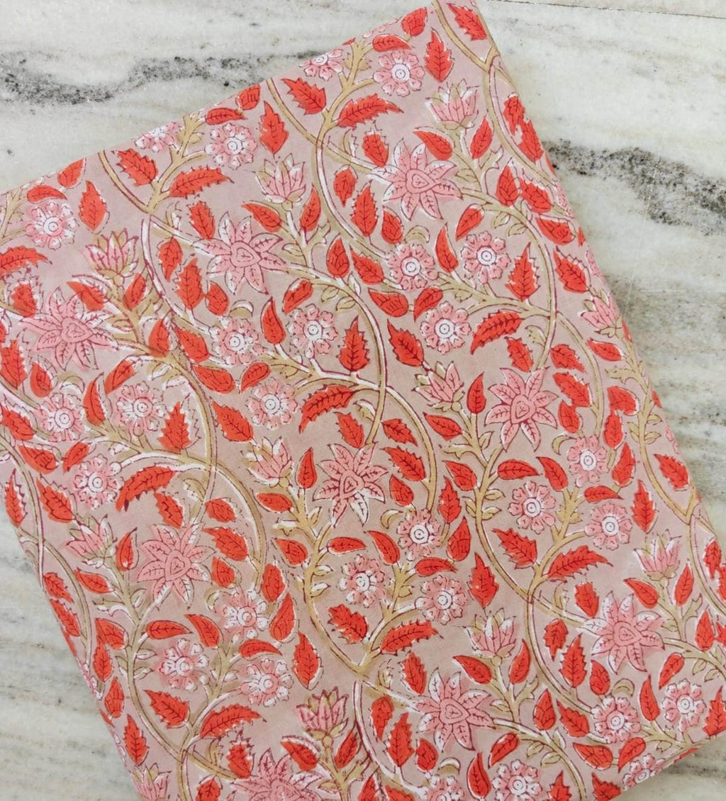 Pink Orange Floral Cotton Fabric by Yard, Indian Hand Block Print Fabric, Soft Cotton Material for Sewing Quilting Dressmaking, Napkins