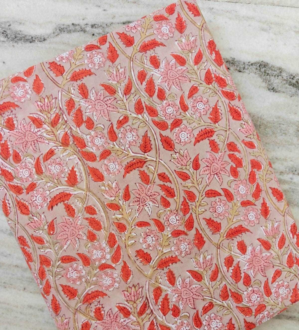 Pink Orange Floral Cotton Fabric by Yard, Indian Hand Block Print Fabric, Soft Cotton Material for Sewing Quilting Dressmaking, Napkins