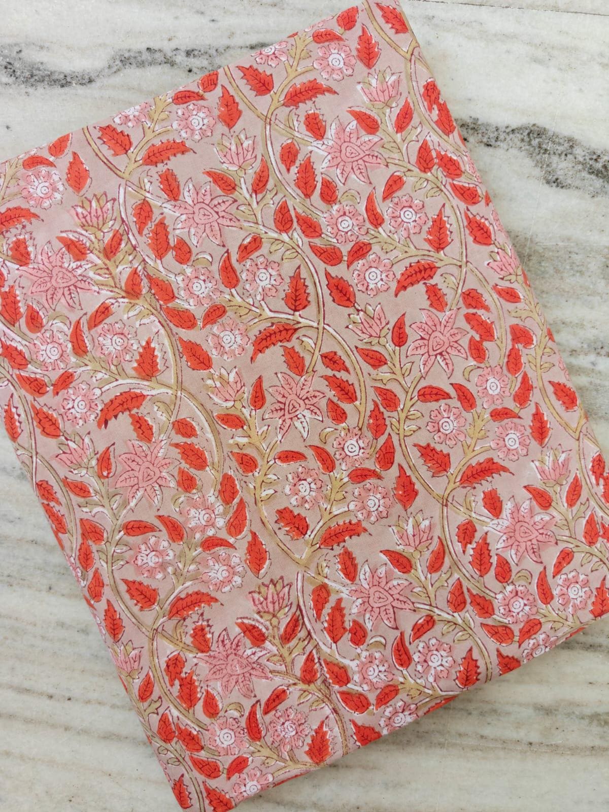 Pink Orange Floral Cotton Fabric by Yard, Indian Hand Block Print Fabric, Soft Cotton Material for Sewing Quilting Dressmaking, Napkins