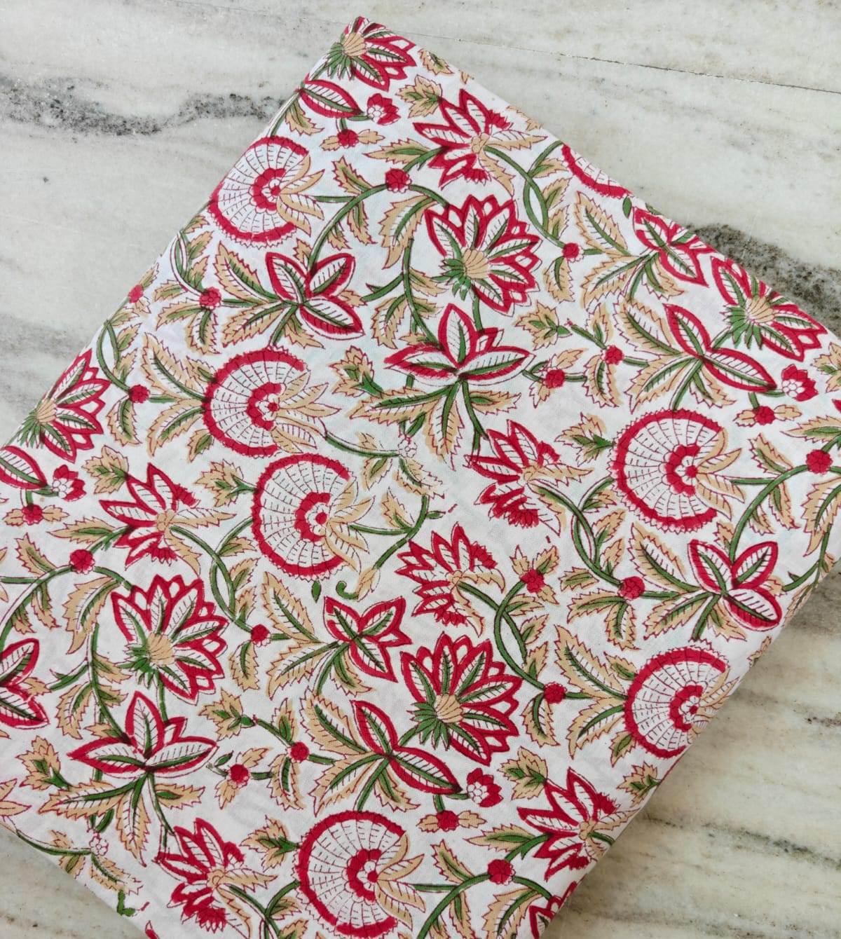 Hand Block Print Cotton Fabric by Yard, Red Floral Indian Cotton Fabric, Soft Mulmul Cotton Textile for Dresses, Quilting Craft & Home Decor