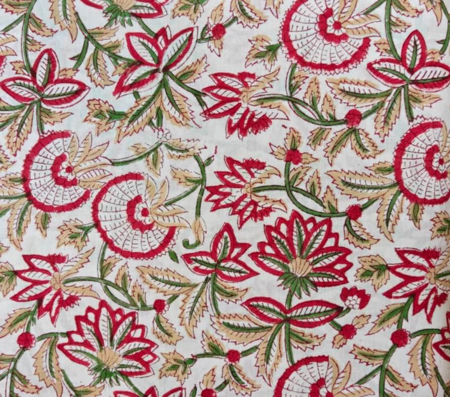 Hand Block Print Cotton Fabric by Yard, Red Floral Indian Cotton Fabric, Soft Mulmul Cotton Textile for Dresses, Quilting Craft & Home Decor