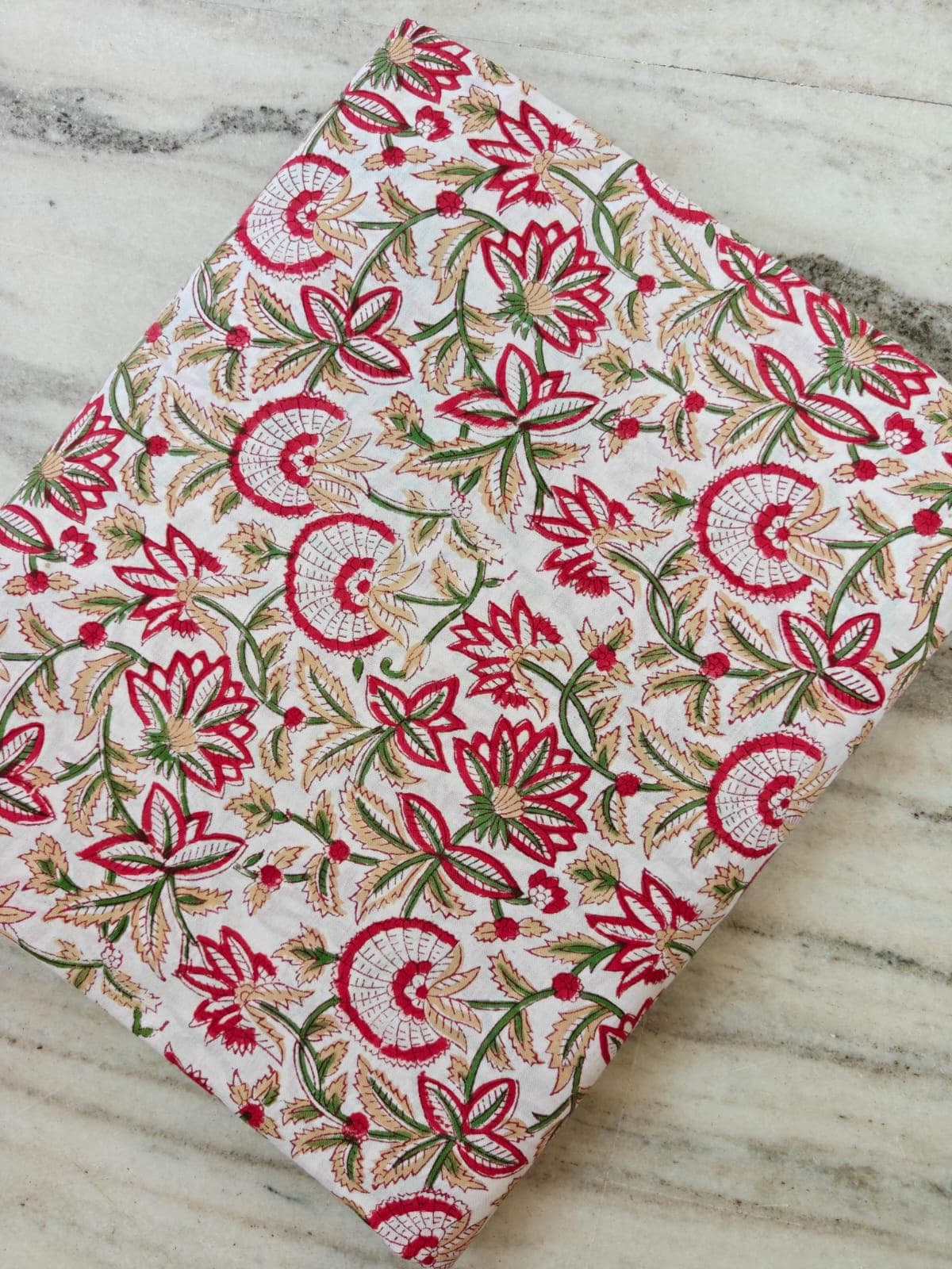Hand Block Print Cotton Fabric by Yard, Red Floral Indian Cotton Fabric, Soft Mulmul Cotton Textile for Dresses, Quilting Craft & Home Decor