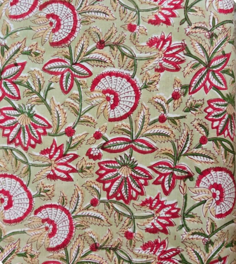 Beige Floral Cotton Fabric by Yard, Indian Hand Block Print Fabric, Soft Cotton Sewing Fabric for Dresses, Quilting Home Decor, Loose Fabric
