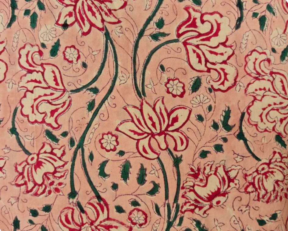 Peach Floral Cotton Fabric by The Yard, Indian Hand Block Print Fabric, Soft Botanical Cotton for Sewing, Dresses, Quilting & Home Decor