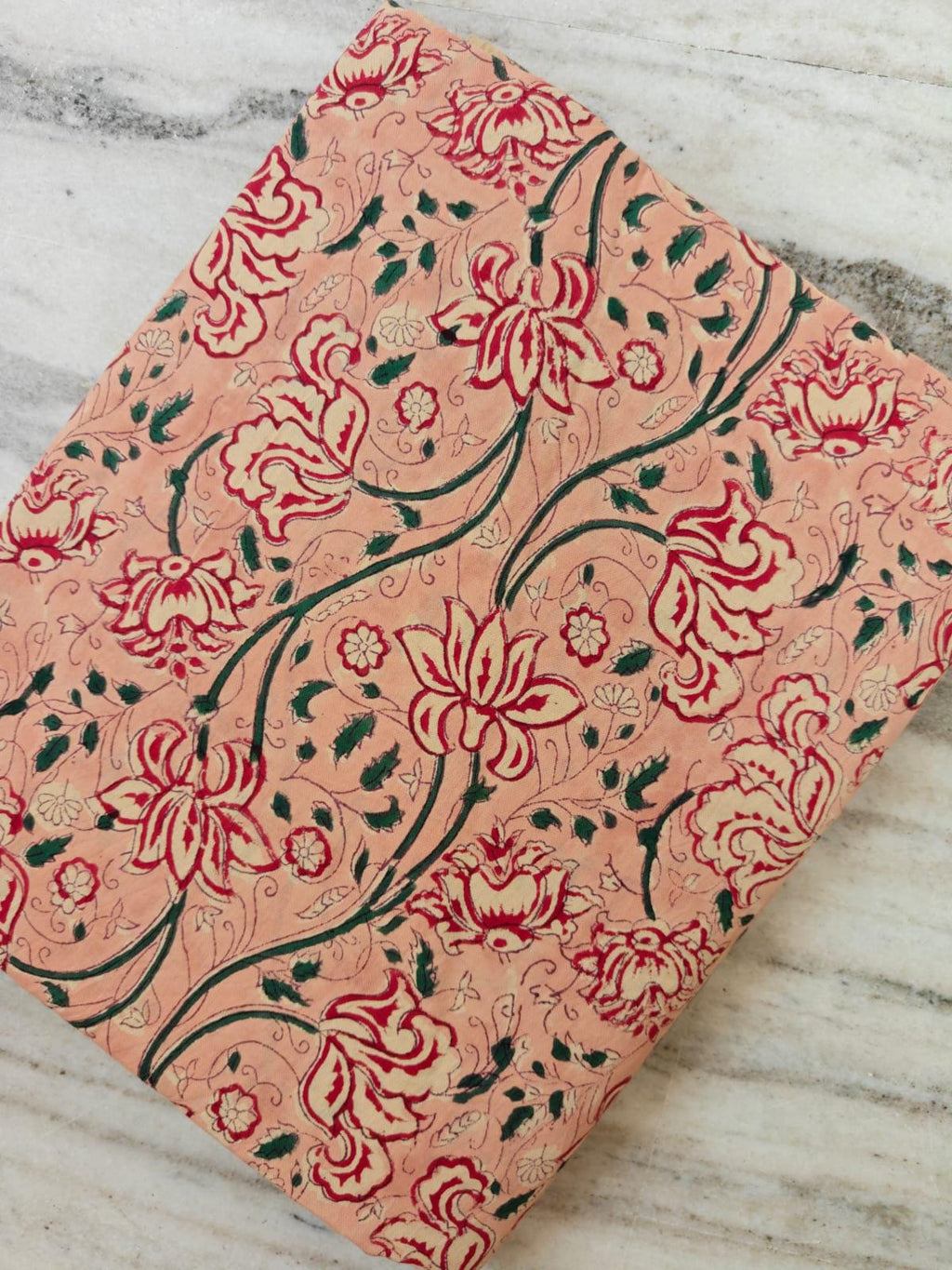 Peach Floral Cotton Fabric by The Yard, Indian Hand Block Print Fabric, Soft Botanical Cotton for Sewing, Dresses, Quilting & Home Decor