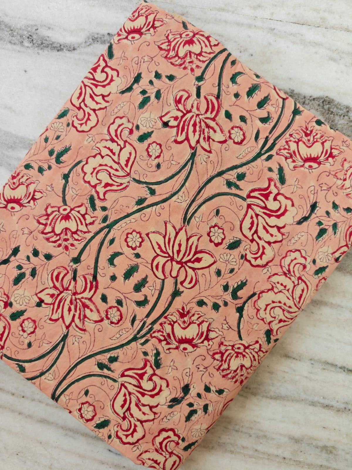 Peach Floral Cotton Fabric by The Yard, Indian Hand Block Print Fabric, Soft Botanical Cotton for Sewing, Dresses, Quilting & Home Decor