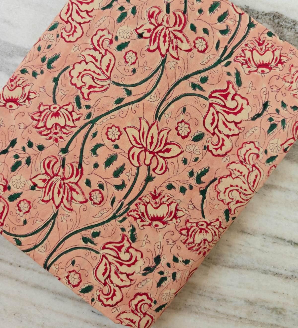 Peach Floral Cotton Fabric by The Yard, Indian Hand Block Print Fabric, Soft Botanical Cotton for Sewing, Dresses, Quilting & Home Decor