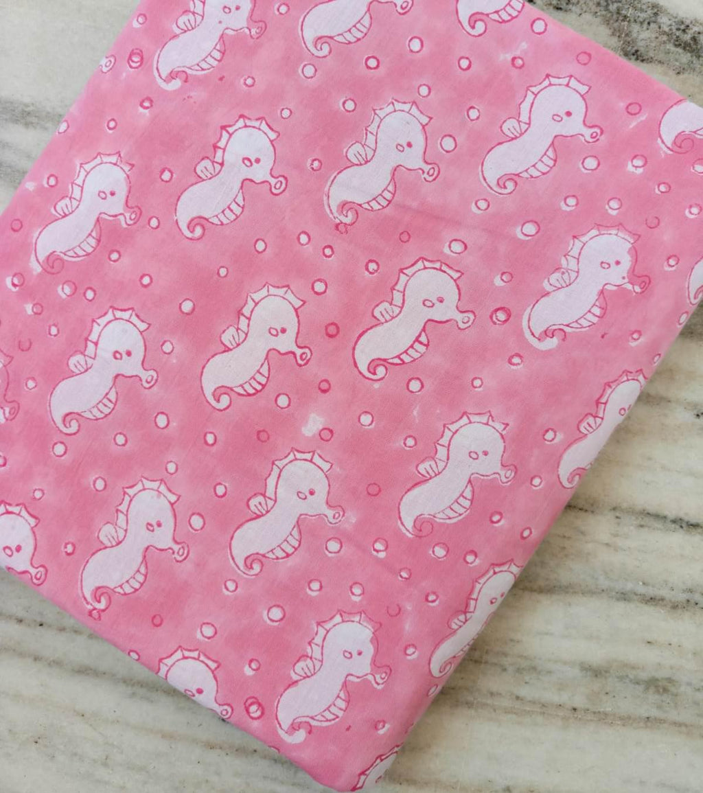 Pink Seahorse Cotton Fabric by the Yard, Cute Ocean Print Quilting Fabric, Under the Sea Nursery Fabric, Coastal Sewing Loose Running Fabric