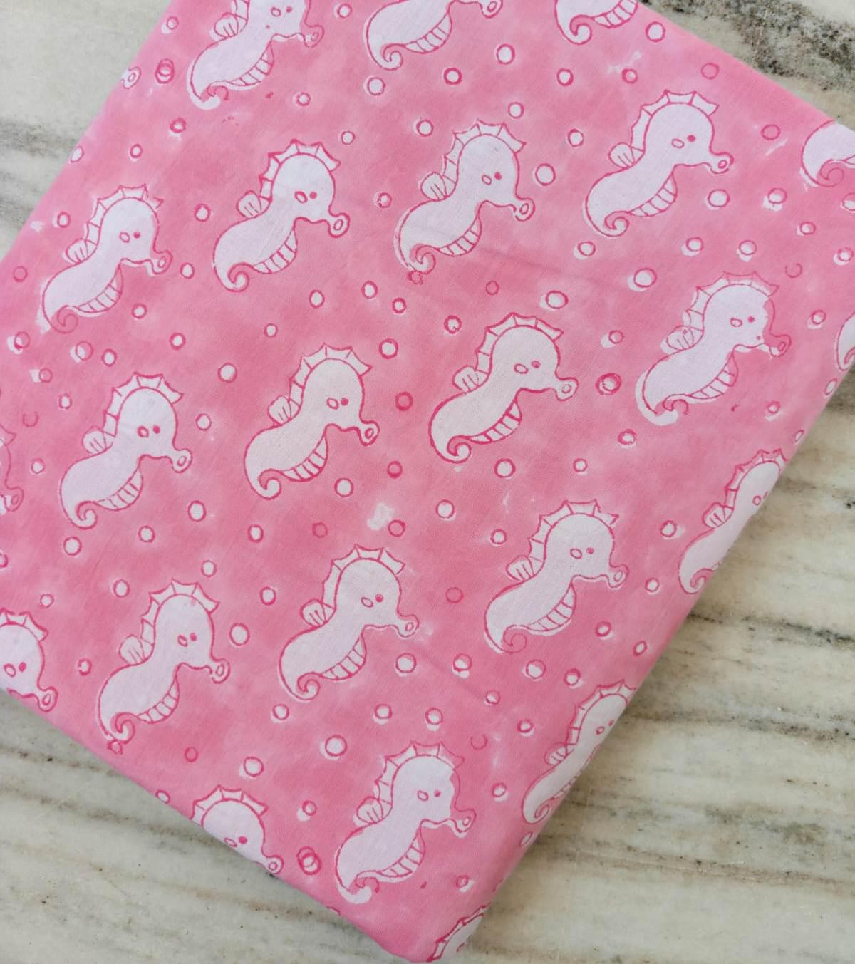 Pink Seahorse Cotton Fabric by the Yard, Cute Ocean Print Quilting Fabric, Under the Sea Nursery Fabric, Coastal Sewing Loose Running Fabric
