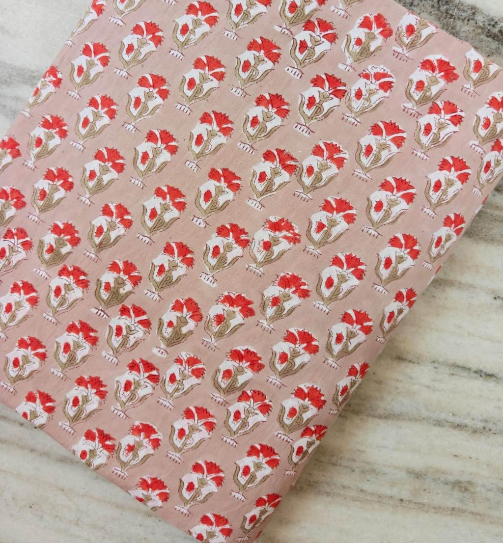 Floral Cotton Fabric by the Yard, Hand Block Print Style Fabric, Red Beige Flower Print Cotton, Dressmaking Fabric, Napkins, Loose Fabric