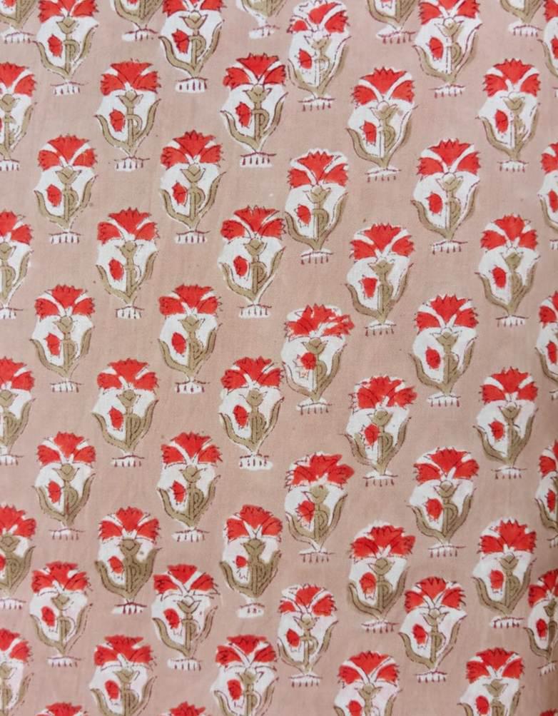 Floral Cotton Fabric by the Yard, Hand Block Print Style Fabric, Red Beige Flower Print Cotton, Dressmaking Fabric, Napkins, Loose Fabric