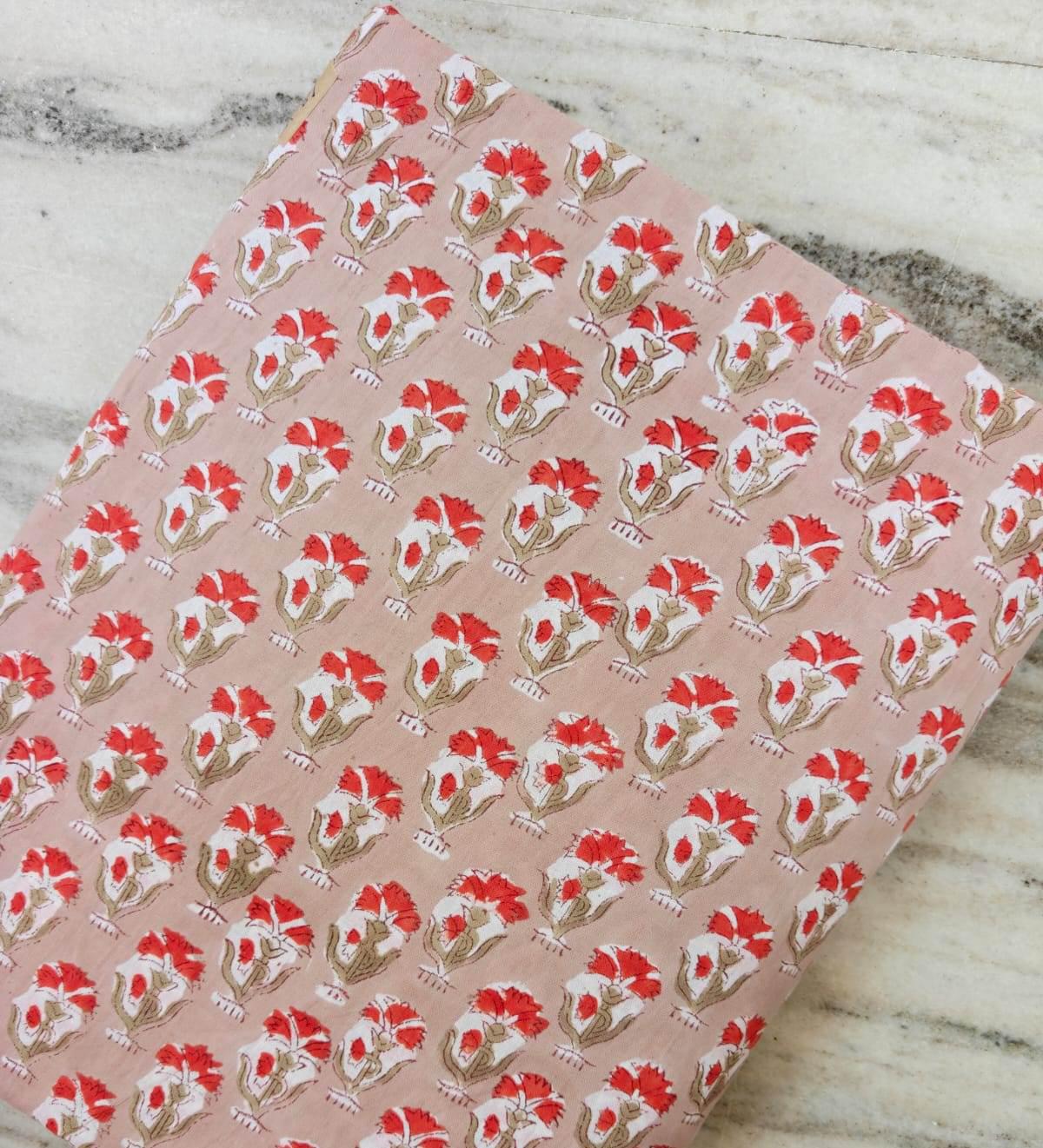 Floral Cotton Fabric by the Yard, Hand Block Print Style Fabric, Red Beige Flower Print Cotton, Dressmaking Fabric, Napkins, Loose Fabric