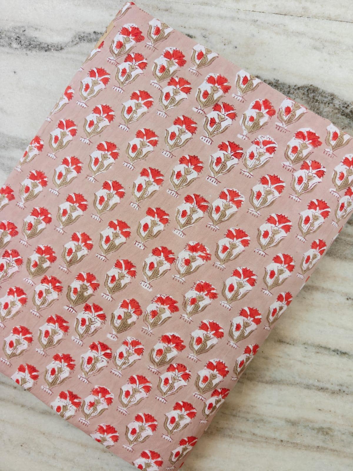 Floral Cotton Fabric by the Yard, Hand Block Print Style Fabric, Red Beige Flower Print Cotton, Dressmaking Fabric, Napkins, Loose Fabric