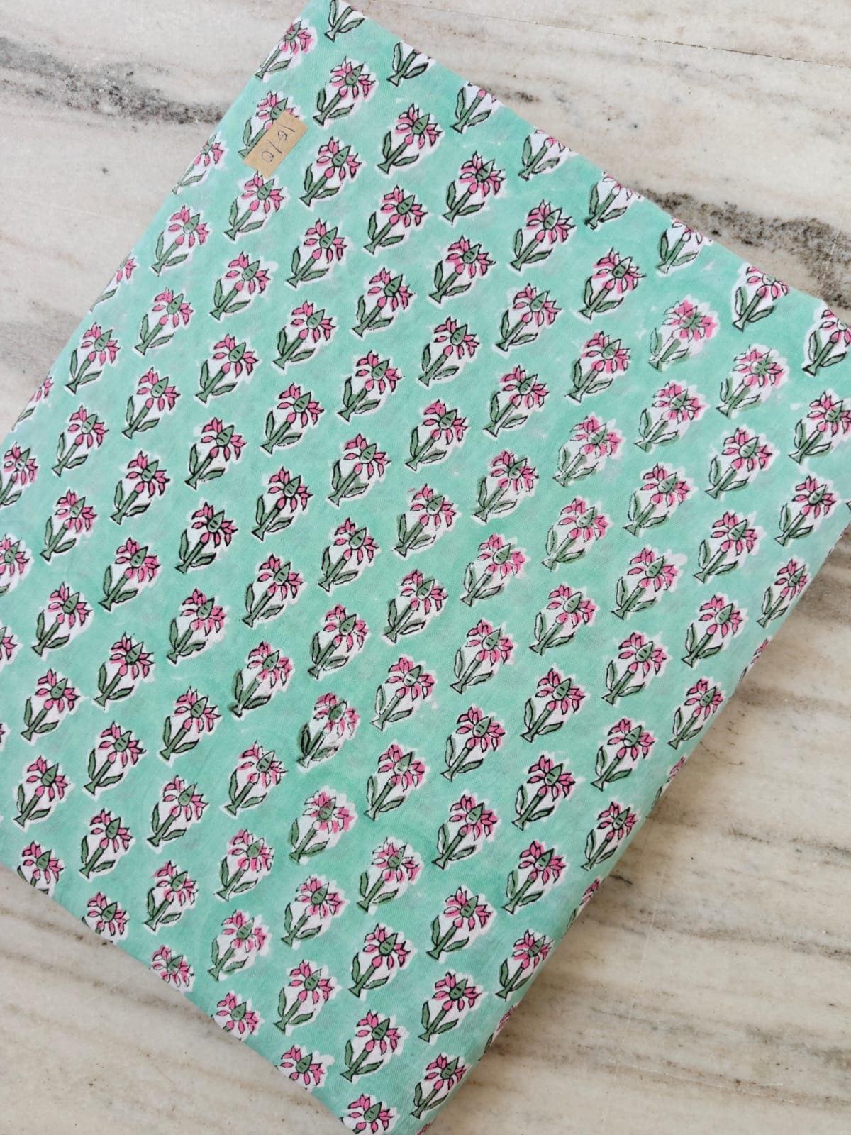 Mint Green Floral Cotton Fabric by the Yard, Hand Block Print Cotton Fabric, Pink Flower Print Fabric, Indian Cotton Textile Quilting Fabric