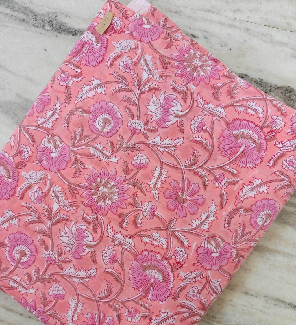 Pink Cotton Fabric by the Yard, Floral 100% Cotton Hand Block Print Floral Fabric, Indian Cotton Textile, Vintage Flower Print Fabric