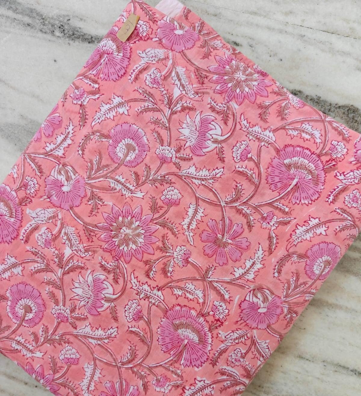 Pink Cotton Fabric by the Yard, Floral 100% Cotton Hand Block Print Floral Fabric, Indian Cotton Textile, Vintage Flower Print Fabric