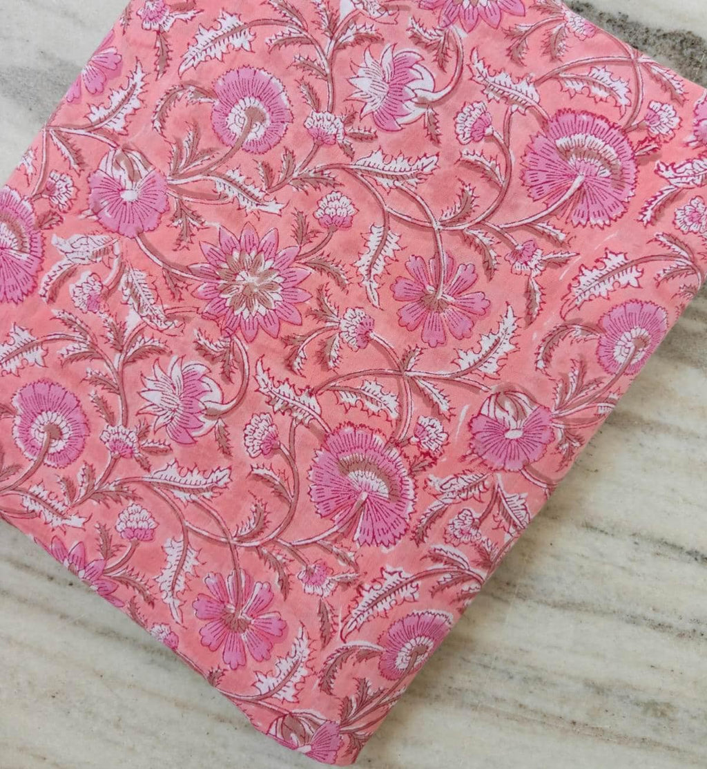 Pink Cotton Fabric by the Yard, Floral 100% Cotton Hand Block Print Floral Fabric, Indian Cotton Textile, Vintage Flower Print Fabric