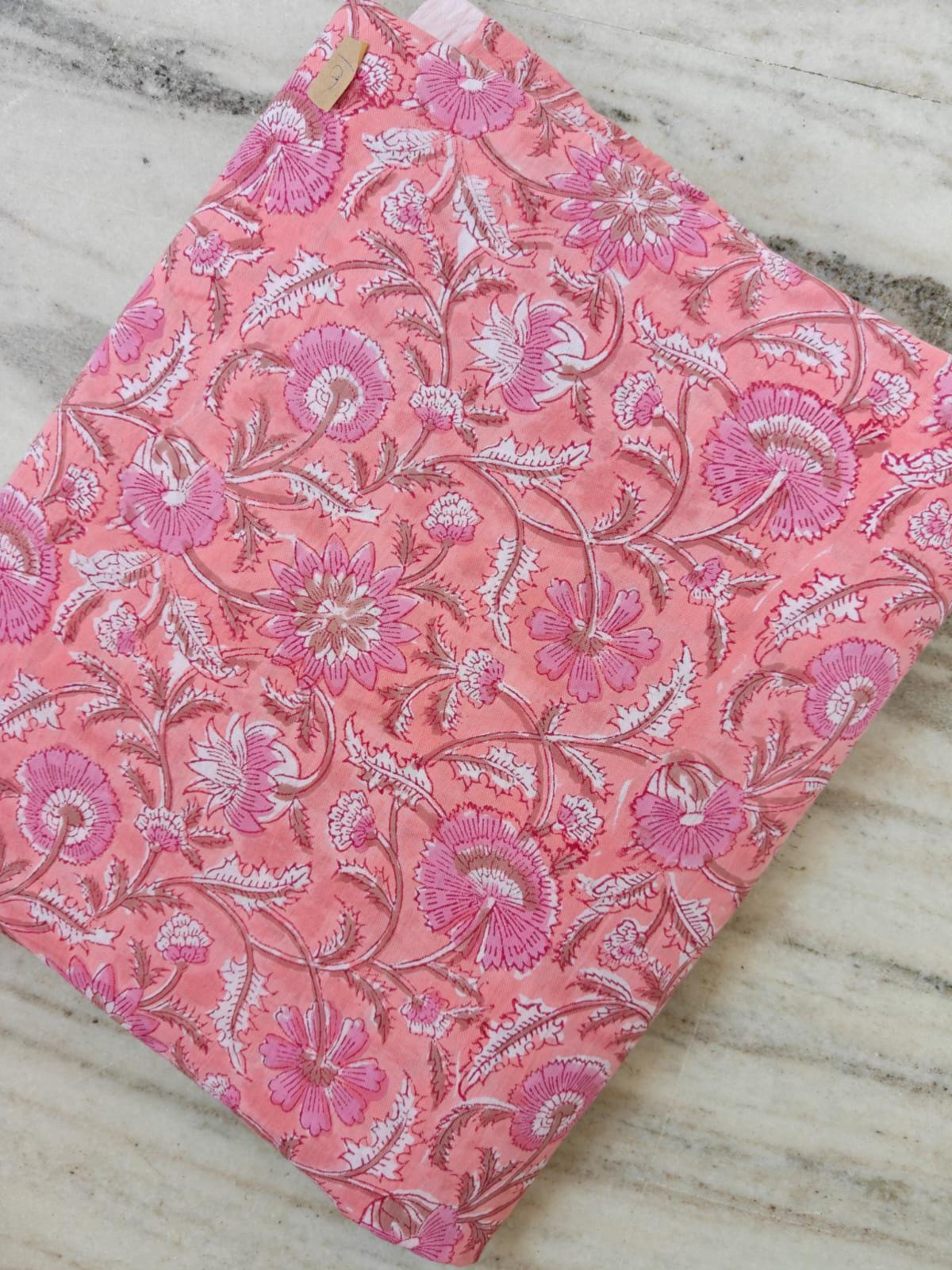 Pink Cotton Fabric by the Yard, Floral 100% Cotton Hand Block Print Floral Fabric, Indian Cotton Textile, Vintage Flower Print Fabric