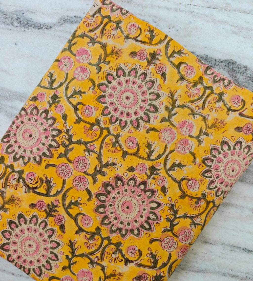 Indian Hand Block Print Fabric, Floral 100% Cotton Quilting Fabric By The Yard, Yellow Fabric, Pink Vine Print Fabric, Loose Running Fabric