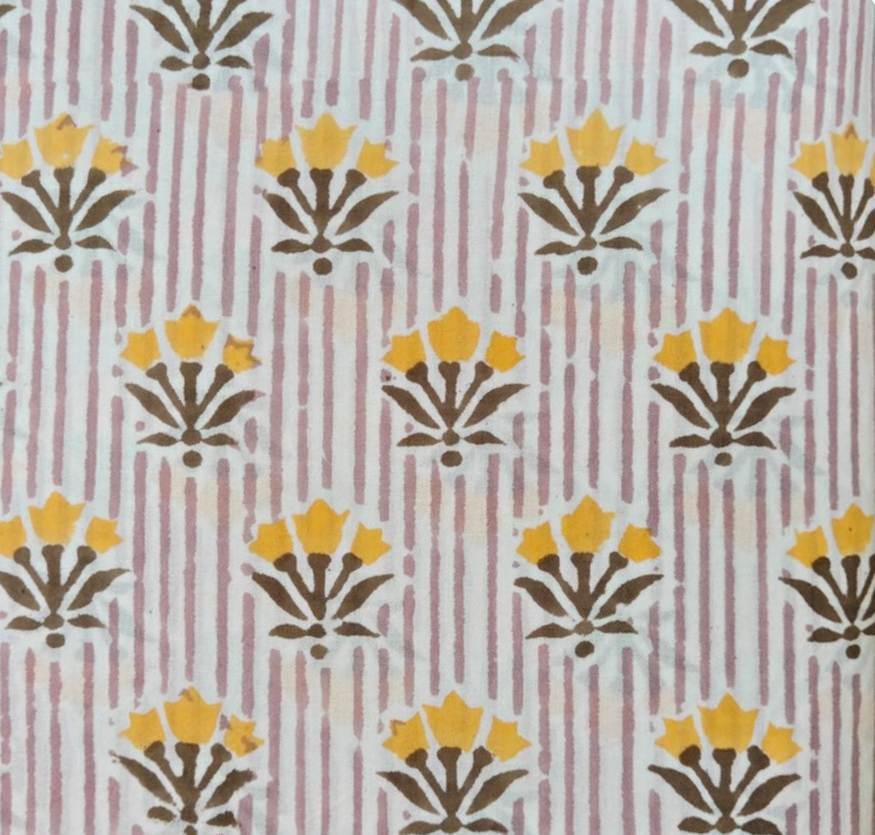 Hand Block Print Cotton Fabric by the Yard, Pink Stripe Floral Cotton Fabric, Indian Cotton Textile, Yellow Flower Print Fabric for Sewing