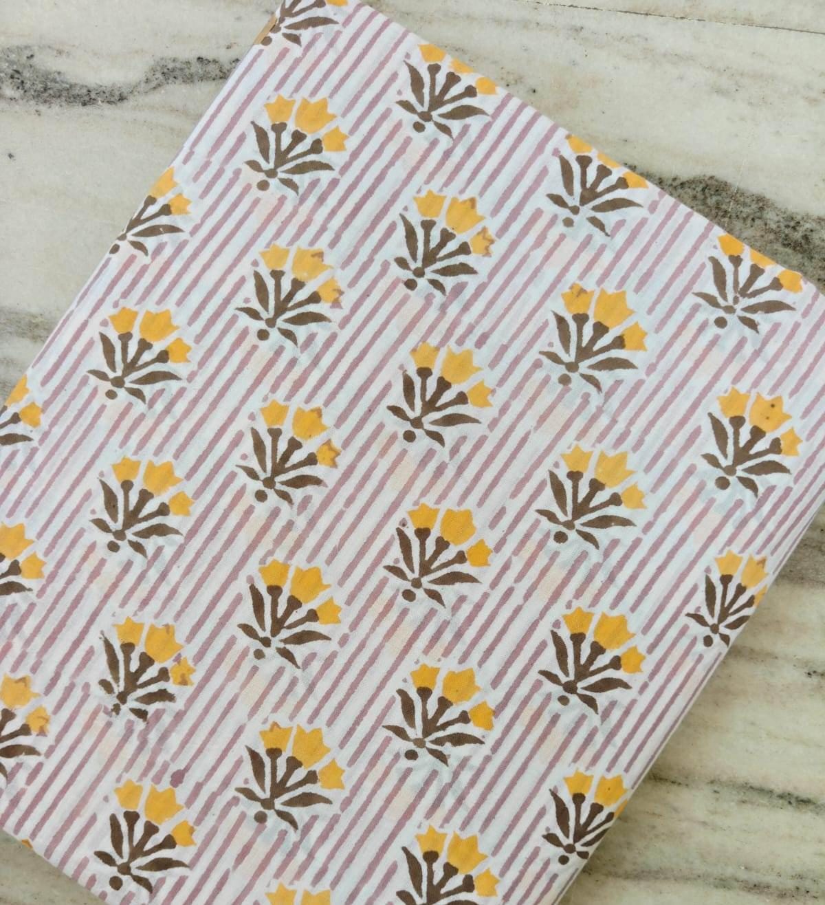 Hand Block Print Cotton Fabric by the Yard, Pink Stripe Floral Cotton Fabric, Indian Cotton Textile, Yellow Flower Print Fabric for Sewing
