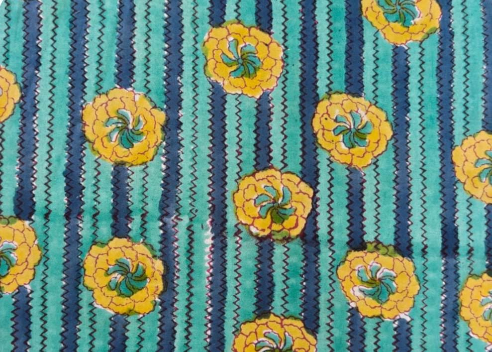 Turquoise Blue & Yellow Floral Cotton Fabric by the Yard, Block Print Style Fabric, Striped Flower Cotton Material, Sewing Quilting Fabric