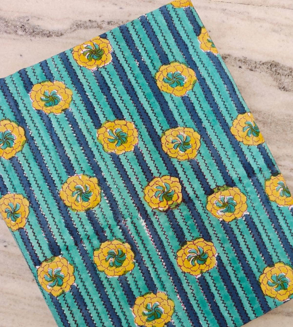 Turquoise Blue & Yellow Floral Cotton Fabric by the Yard, Block Print Style Fabric, Striped Flower Cotton Material, Sewing Quilting Fabric