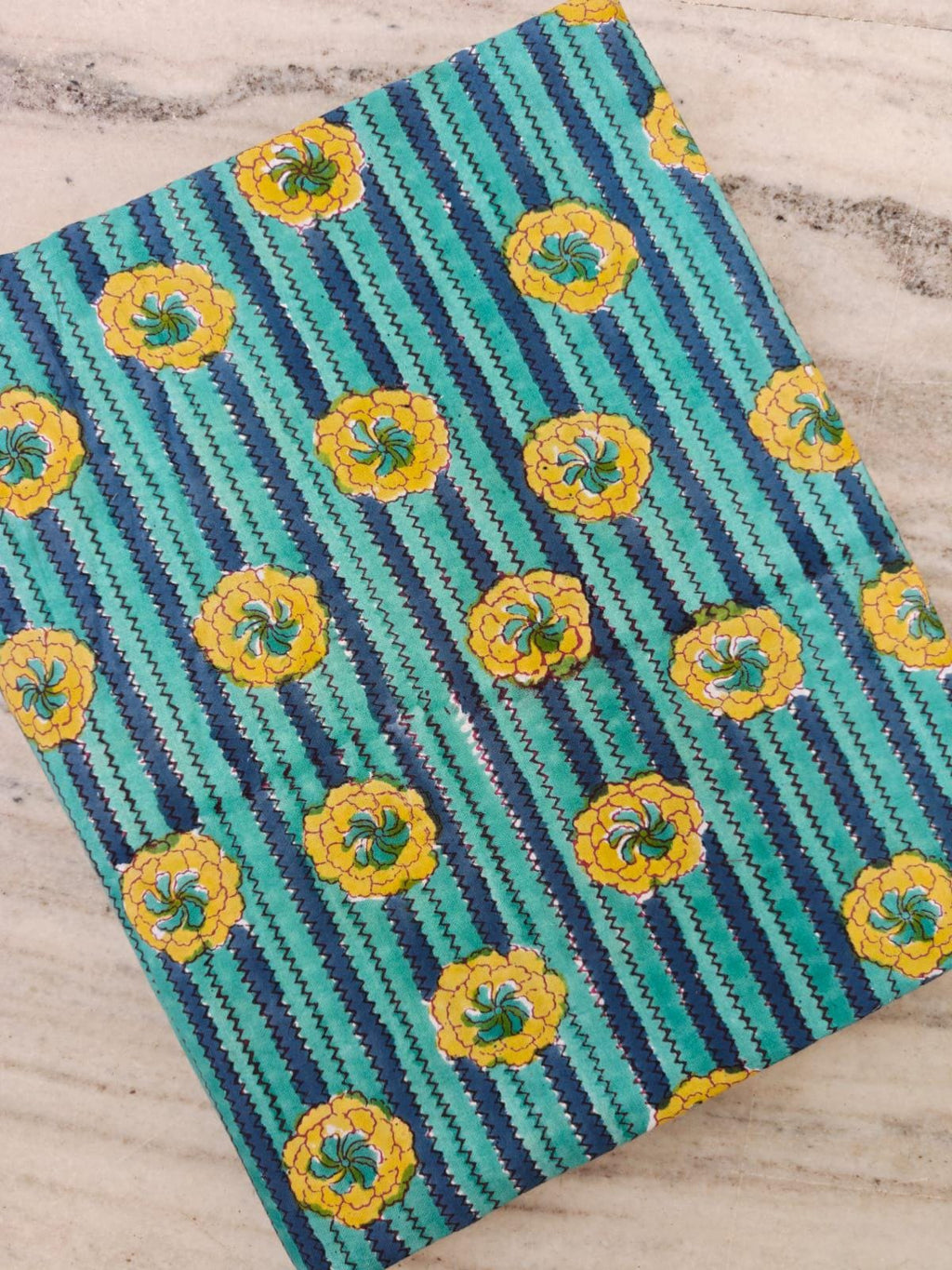Turquoise Blue & Yellow Floral Cotton Fabric by the Yard, Block Print Style Fabric, Striped Flower Cotton Material, Sewing Quilting Fabric