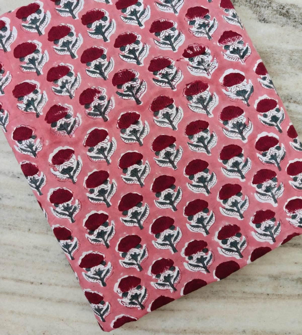 Pink Floral Block Print Cotton Fabric by Yard, Hand Block Printed Indian Cotton Fabric, Red Flower Print Fabric Dresses, Quilts & Crafting