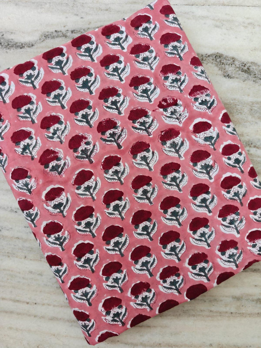 Pink Floral Block Print Cotton Fabric by Yard, Hand Block Printed Indian Cotton Fabric, Red Flower Print Fabric Dresses, Quilts & Crafting