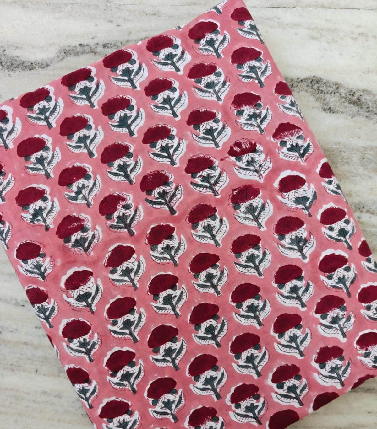 Pink Floral Block Print Cotton Fabric by Yard, Hand Block Printed Indian Cotton Fabric, Red Flower Print Fabric Dresses, Quilts & Crafting
