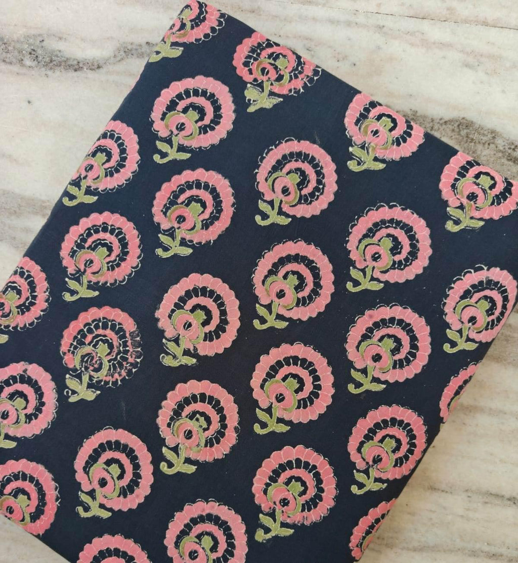 Navy Blue Color Indian Hand Block Print Fabric, Floral 100% Cotton Quilting Fabric By The Yard, Dressmaking Fabric, Napkins, Loose Fabric